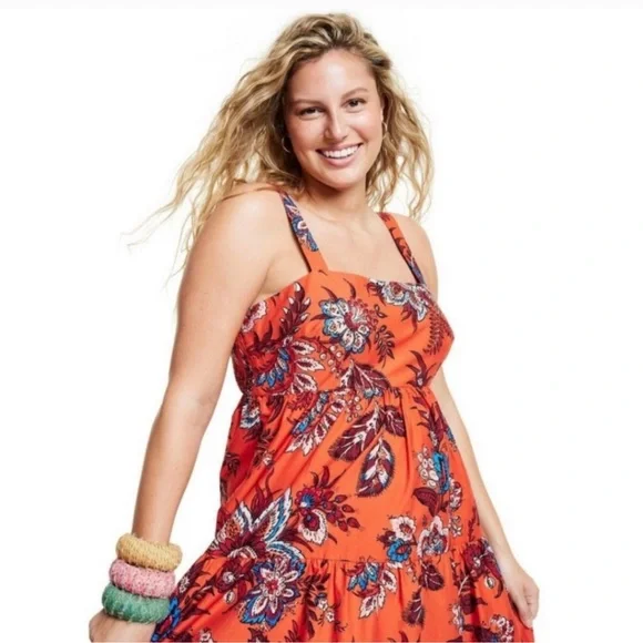 RHODE x Target Leafy Floral Print Tiered Midi Dress Orange Womens  XXL - Picture 2 of 11